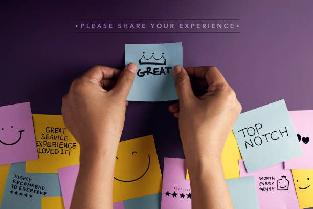 istock Customer Experience Concept. Happy Client stick a Sticky Notes with Positive Review on Board. Feedback for Satisfaction Surveys. 1466958599