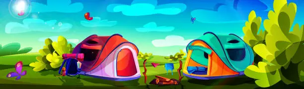 Vector illustration of Camping and tourism concept in cartoon style. Tourist tents with things against the background of a summer sunny landscape.