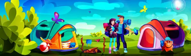 Vector illustration of Camping and tourism concept in cartoon style. A young couple of tourists with a bulldog and tents on the background of a summer sunny landscape.