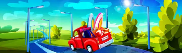 Vector illustration of Road travel and tourism concept in cartoon style. Pickup truck for travel with things against the backdrop of a sunny summer landscape.