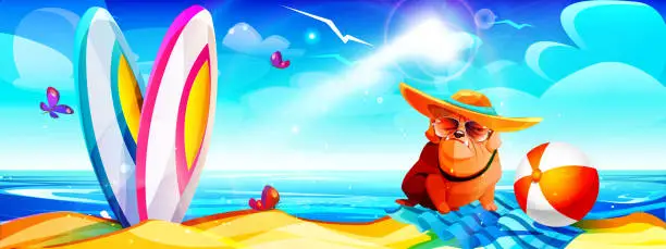 Vector illustration of Vacation and beach holiday concept in cartoon style. Sunbathing bulldog and surfboards on the beach against the backdrop of a summer sunny seascape.