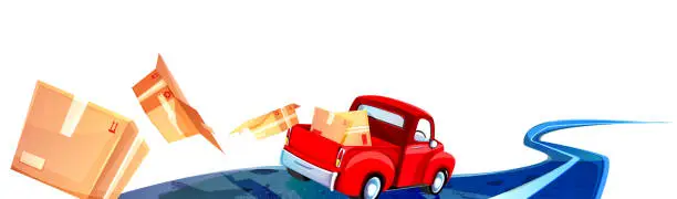 Vector illustration of Fast delivery concept in cartoon style. Obey the rules of the road. Delivery car with boxes at high speed on the road isolated on white background.