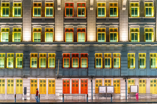 The Old Hill Street Police Station at night, building with colorful windows at clark quay, Singapore