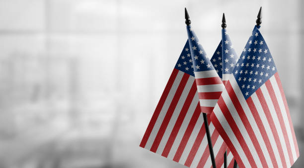 istock Small flags of the USA on an abstract blurry background 1466963325