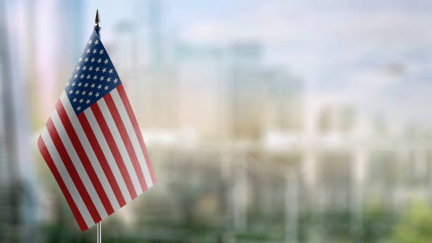 Small flags of the USA on an abstract blurry background