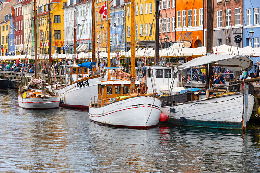 Traditional colorful facades in Copenhagen city center. Nyhavn area. Denmark