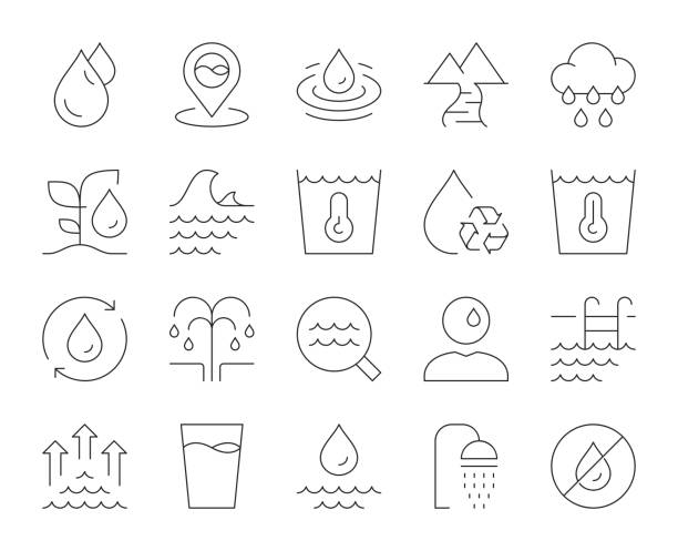 ilustraciones, imágenes clip art, dibujos animados e iconos de stock de agua - iconos de línea fina - puddle condensation water drop