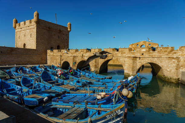 Morocco. Essaouira Morocco. Essaouira. Typical blue fishing boats moored at the port essaouira stock pictures, royalty-free photos & images