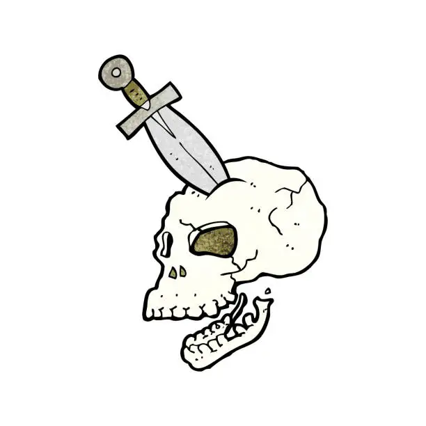 Vector illustration of cartoon dagger stuck in skull