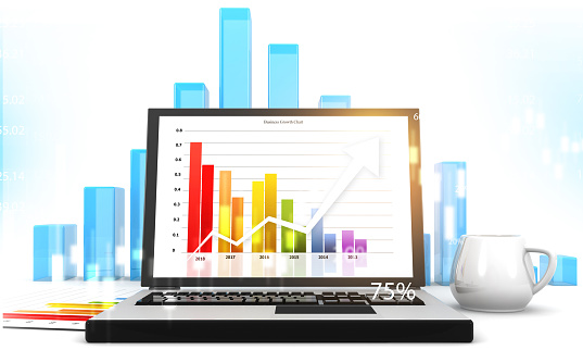 Business charts with laptop computer, financial concept background. 3d illustration