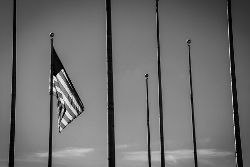 A grayscale shot of an American flag on a pole surrounded by empty poles