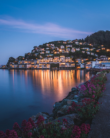 A beautiful shot of illuminated Sausalito coastal town in California at night