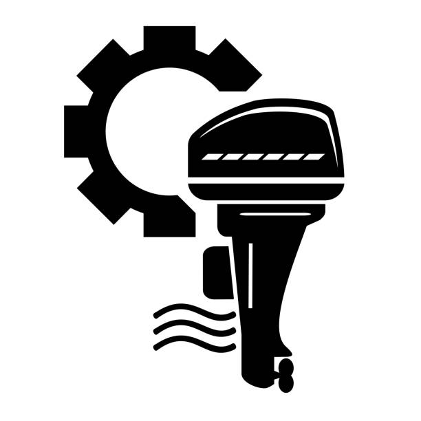 ilustrações de stock, clip art, desenhos animados e ícones de vector illustration, logo, web icon of outboard motor and gears. isolated on a white background. - outboard motor