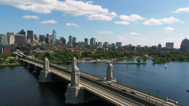 Scenic aerial view of Boston Longfellow Bridge and Charles River