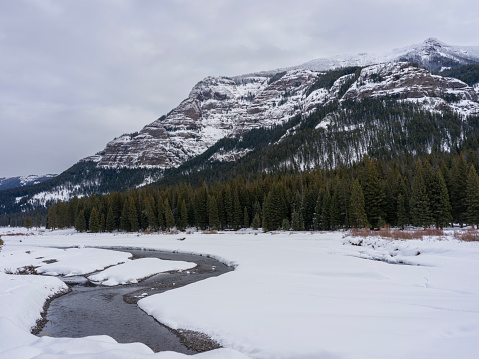 Medium format camera captured image of Snowcapped Yellowstone Mountains and frozen river