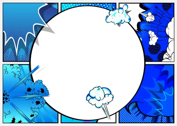 Vector illustration of Blank Circle shape on Blue Cartoon vector Comic Book background. Pop art comics Illustration.