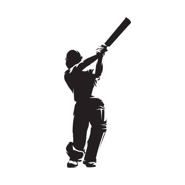 illustrazioni stock, clip art, cartoni animati e icone di tendenza di giocatore di cricket, siluetta vettoriale isolata, giocatore di cricket, battitore che colpisce - battitore del cricket