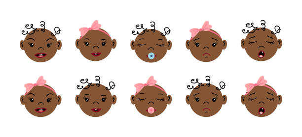 Newborns frontal portraits with different emotions Newborns frontal portraits with different emotions. Set of African or American baby faces. Tiny boys and girls. Flat style hand drawn vector illustrations. black baby crying drawing stock illustrations