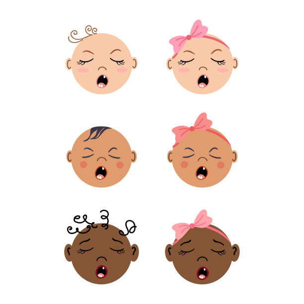 Crying newborns frontal portraits Crying newborns frontal portraits. Set of Multiracial baby faces. Tiny boys and girls. Flat style hand drawn vector illustrations. sad african child drawings stock illustrations