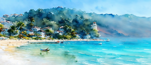 istock Watercolor painting of beautiful seascape with sandy beach, green hill (mountain) on the background 1466976816