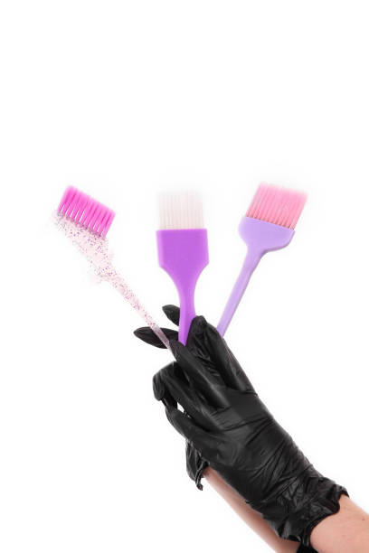 professional barber tools. Brushes in women hand's stock photo