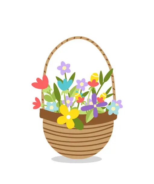 Vector illustration of Wicker basket of spring or summer flowers. Woven floral basket. Flat, cartoon, isolated