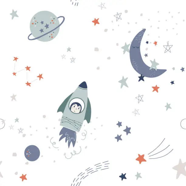 Vector illustration of Pattern with stars, rockets and planets