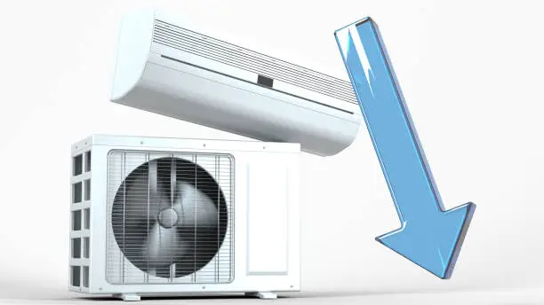 Photo of Air conditioning system with blue arrow pointing down.
