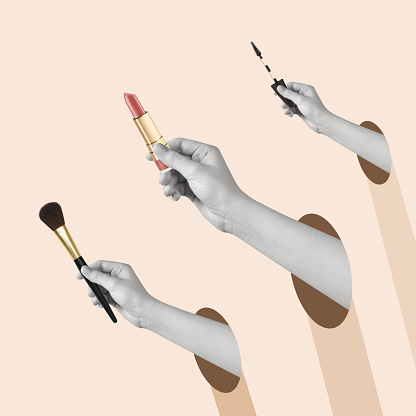 Contemporary art collage of hands holding makeup brush, mascara and lipstick. Concept of art, creativity, imagination. Copy space. Makeup, beauty, cosmetics.