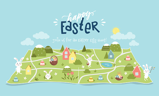 Cute Easter Egg hunt design, map for children, hand drawn with cute bunnies, eggs and decorations - great for invitations, banners, wallpapers - vector