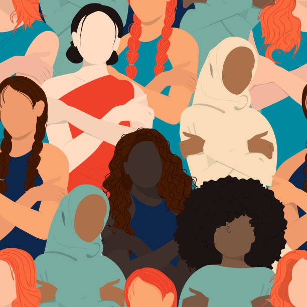 International Women's Day 2023 background EmbraceEquity. Seamless pattern with different womens womens history month stock illustrations