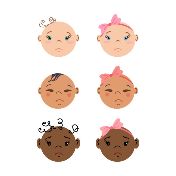 Tearful newborns frontal portraits Tearful newborns frontal portraits. Set of Multiracial baby faces. Tiny boys and girls. Flat style hand drawn vector illustrations. sad african child drawings stock illustrations
