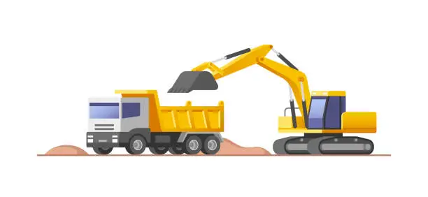 Vector illustration of Construction machinery - excavator and dumper truck. Vector illustration.