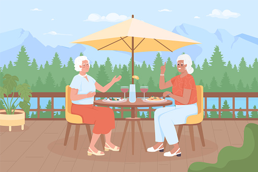 Elderly women spending time on mountain resort flat color vector illustration. Senior friends having dinner. Fully editable 2D simple cartoon characters with mountains and spruce forests on background