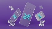 Coupon with percent sign in glassmorphism style on purple background 3d render