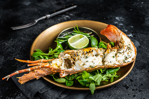 Grilled Spiny lobster with salad on a plate. Black background. Top view.