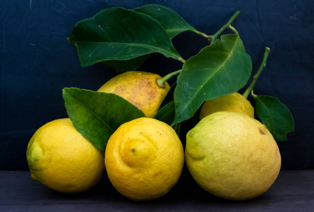istock Lemon fruit.Lemon fruit with leaf isolated. Whole lemons on a wooden table 1466993191