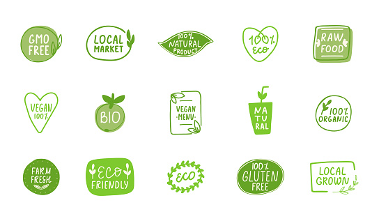 Non GMO labels. GMO free icons. Eco, vegan, bio hand drawn tag. Organic cosmetic. Healthy food concept. Beauty product package. Sustainable life. Vector illustration.