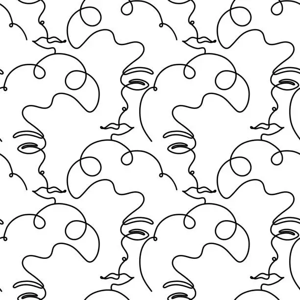 Vector illustration of Continuous line drawing of seamless pattern with abstract face. Vector illustration