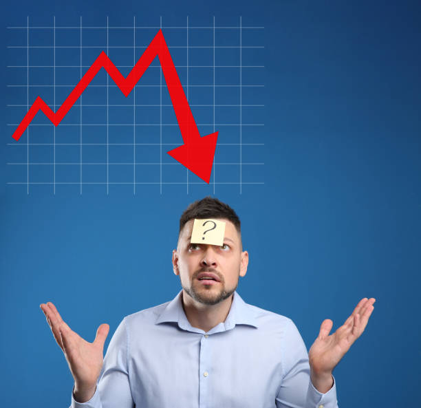 istock Man with question mark and illustration of falling down chart on light blue background. Economy recession concept 1466993634