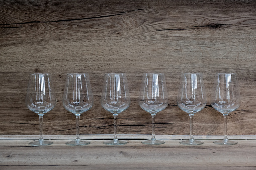 Six wine in a row on kitchen countertops. High quality photo