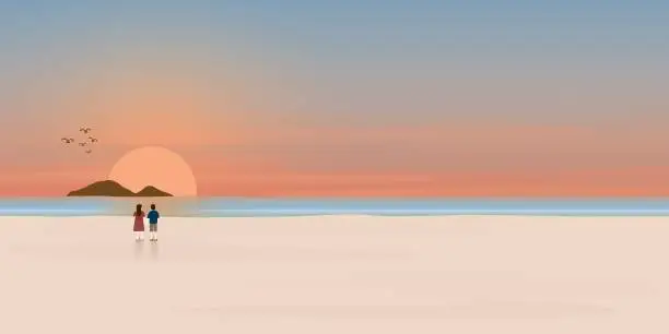 Vector illustration of Sunset at tropical blue sea, sand beach and mountain with couple of lover illustration. Landscape of coast beautiful sea shore beach at sunset flat design illustration.