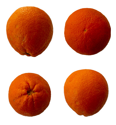 Orange ripe fruit side, top, bottom, angle views set isolated on white
