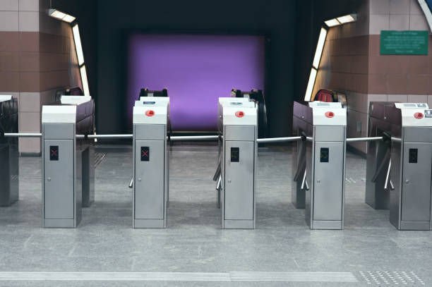 istock Many modern turnstiles outdoors. Fare collection system 1466997140