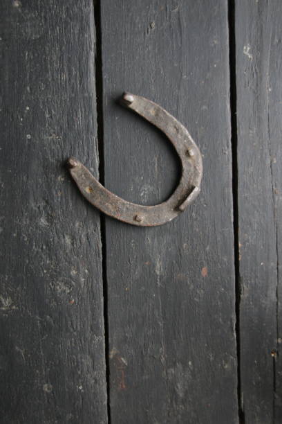 An old horseshoe on a vintage table. Retro style. stock photo