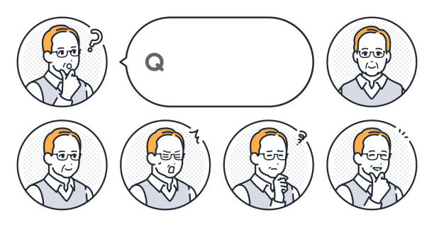 Senior man's simple face icon and speech bubble vector illustration set material Senior man's simple face icon and speech bubble vector illustration set material senior adult retirement question mark worried stock illustrations