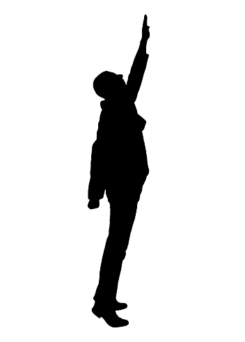A man flies looking up with his hand raised in profile. Business Concept. Vector Silhouette