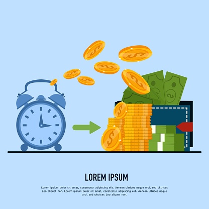 Time is money concept, Cash back, wallet with dollar sign and stopwatch, easy loan, instant payment, fast money transfer, financial services, vector flat illustration
