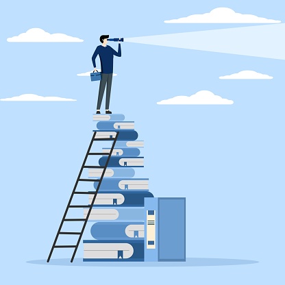 Studying or learning helps to achieve goals and success, motivation or ambition to learn new skills, business education concept, smart businessman climbing on a stack of books to see the future.