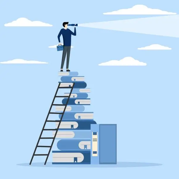 Vector illustration of smart businessman climbing on a stack of books to see the future